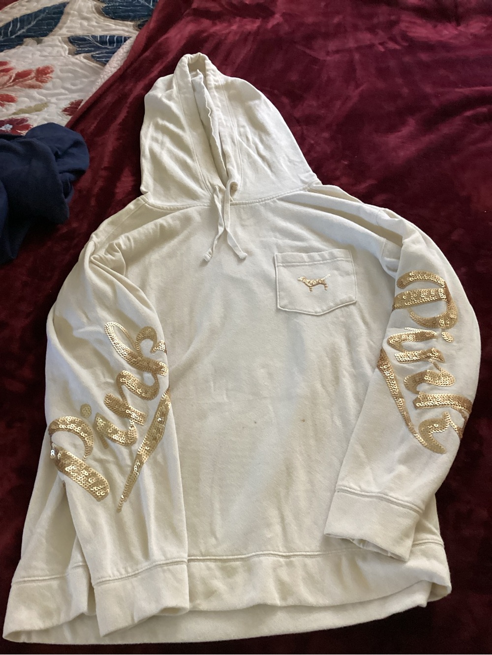 PINK Victoria's Secret White Hoodie with Gold Sequin Script